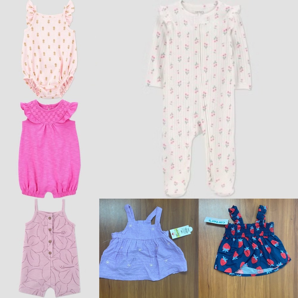 Lot of 6 Baby Girl Clothes Carters Cat &‎ Jack Rompers Sleeper Tops 3M 3-6M NWT